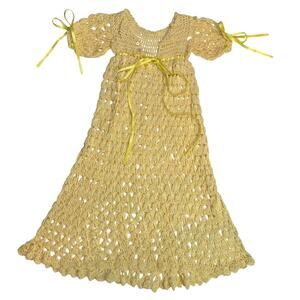 Yellow Handmade Crochet Lace Ribbon Bow Button Christening Gown Formal Dress
